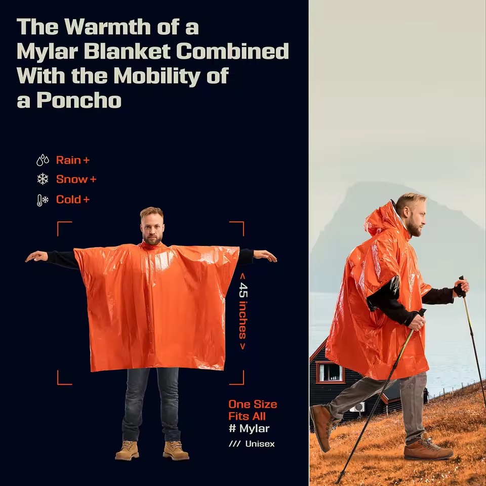 Survival Blanket Reflective - Poncho impermeable térmico de emergencia para